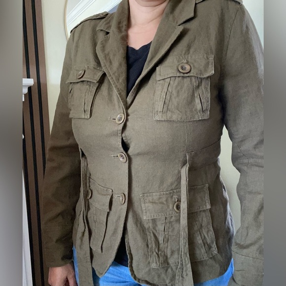 Isabella Bird Linen Safari Blazer – Olive Green Utility Jacket – Size 8 - Picture 8 of 11